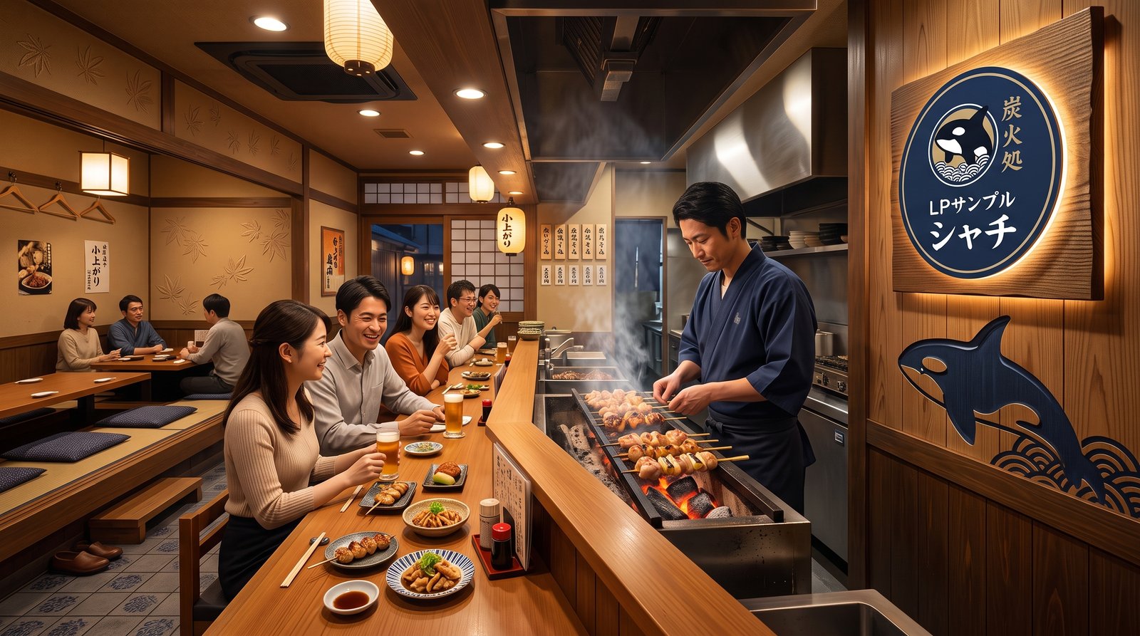 炭火処 焼き鳥シャチの店内。職人が炭火で串を焼き、カウンターで賑わう様子